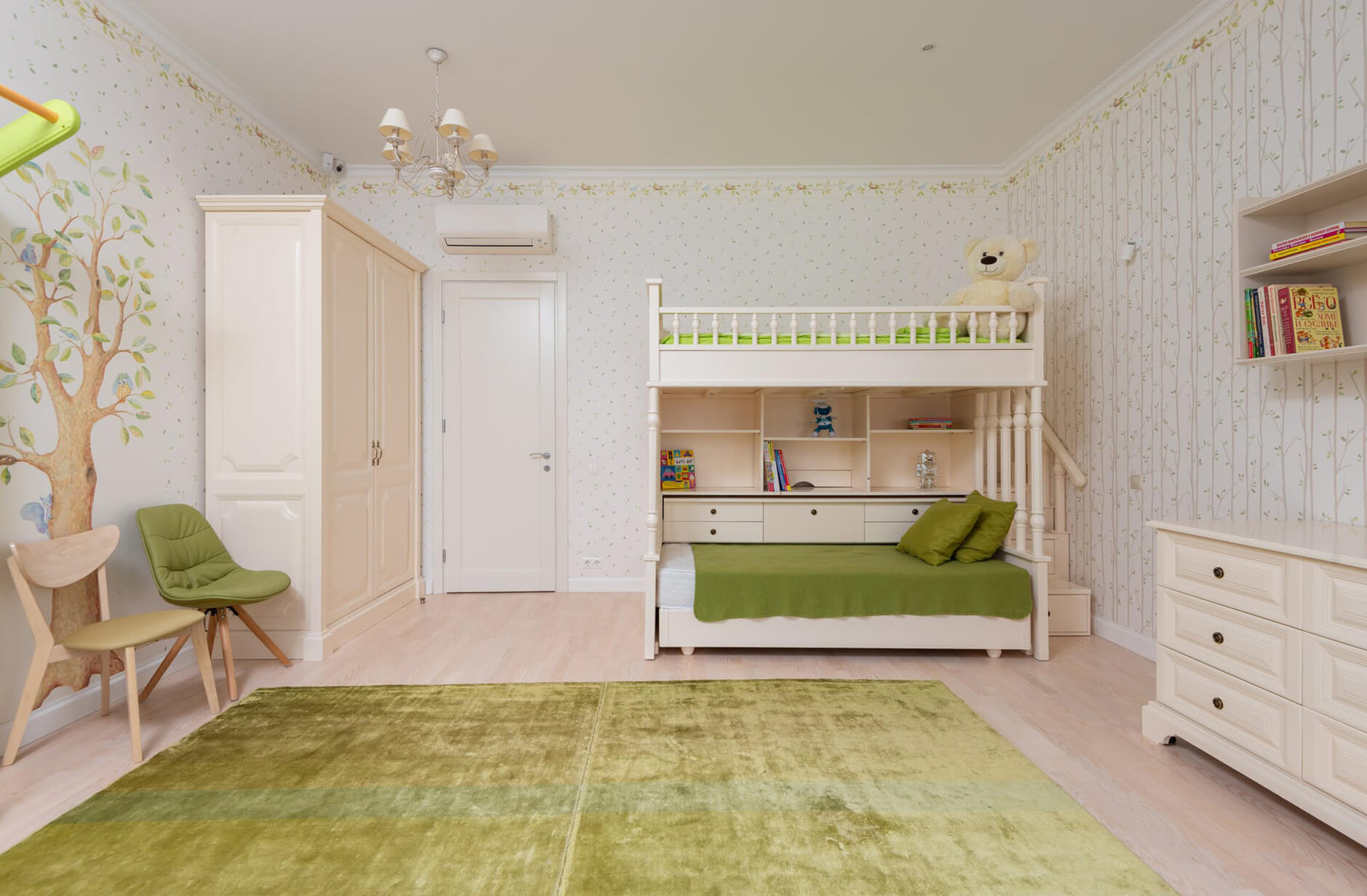 Interior of modern bedroom with shelves