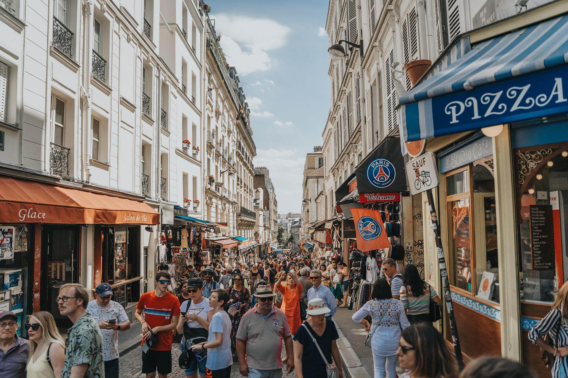 French people crowd shopping stores city