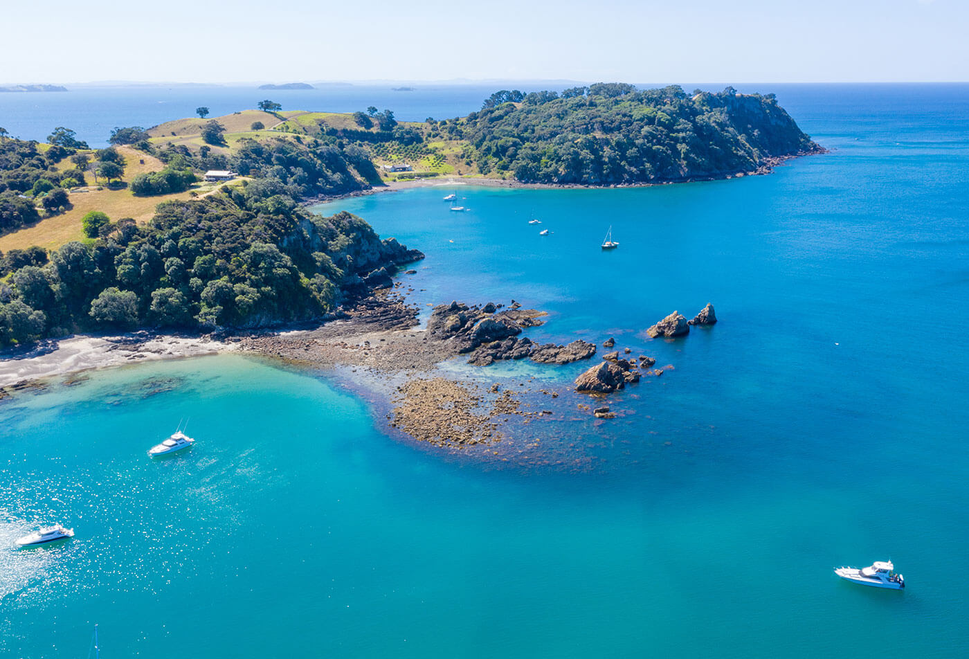 Aerial View from Ocean, Beach, Green Trees and Mountains in Waiheke Island, New Zealand - Auckland Area