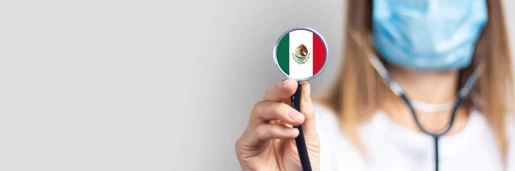 female doctor in a medical mask holds a stethoscope on a light background. Added flag of Mexico. Concept medicine, level of medicine, virus, epidemic. Baner