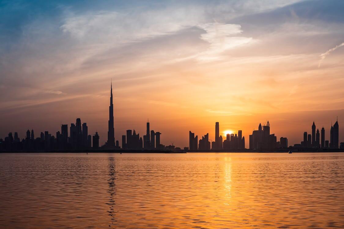 sun setting on Dubai, United Arab Emirates