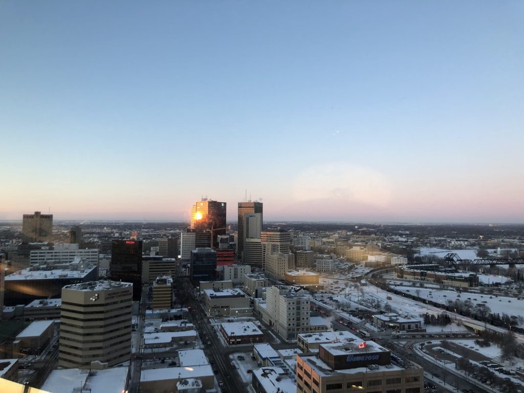 downtown Winnipeg during winter sunset