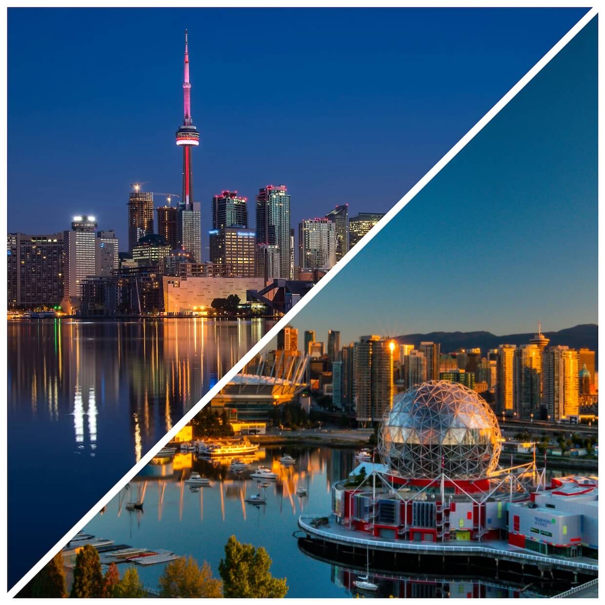 split image of Toronto skyline and Vancouver skyline